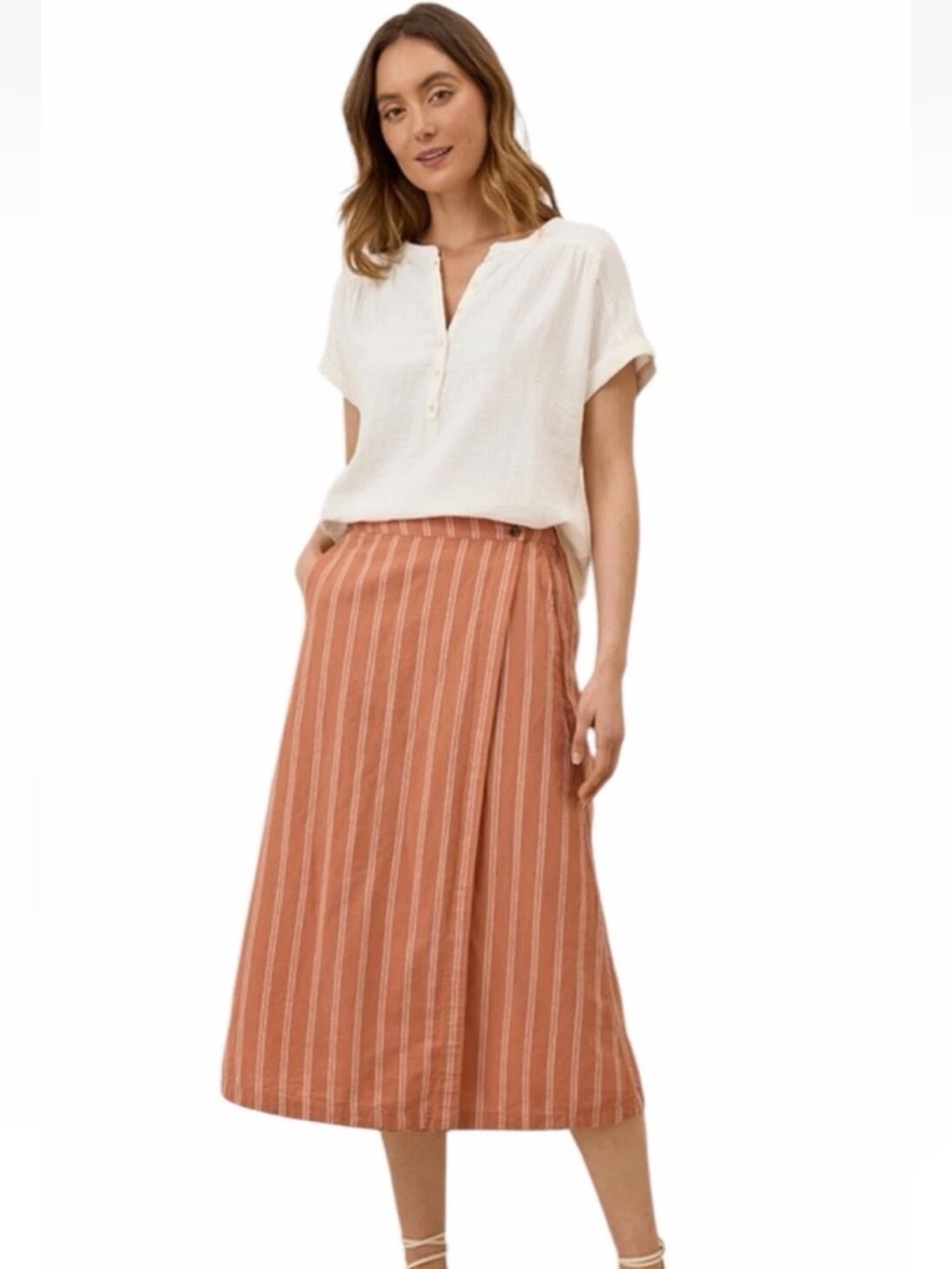 Pact Canopy Linen Blend Wrap Skirt in Hermosa Stripes SZ XL